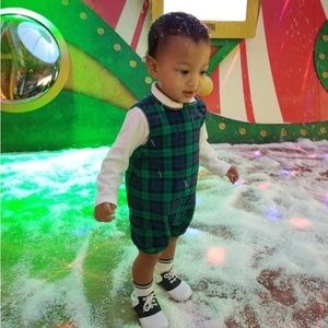 Baby plaid romper + newsboy hat. Marine blue/green plaid + baby polo body suit.